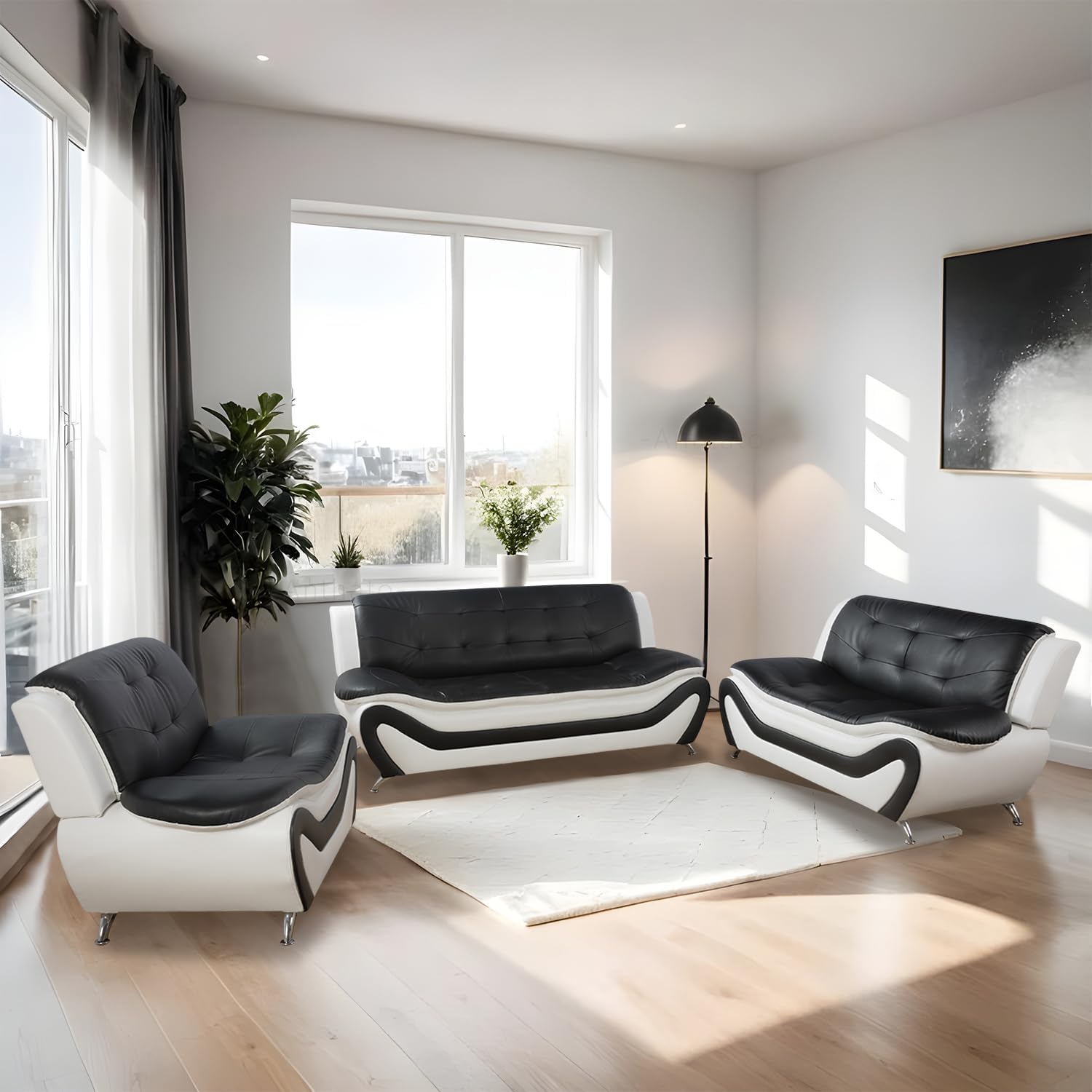 Leather Sectional Sofa Couches, Living Room Furniture Sets, 3 Pieces Modern Sofa Couch Set for Living Room/Apartment/Office/Bedroom, Black & White