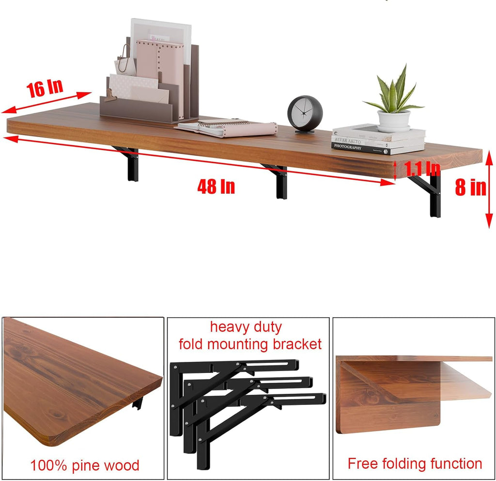 IAE Wall Mounted Folding Table with Pine Wood,48" x 16" Floating Wall Desk,Laundry Folding Table with Shelf Brackets,Fold Down Desk Shelf,Folding Workbench for Home,Dining,Laundry Room,Kitchen,Teak