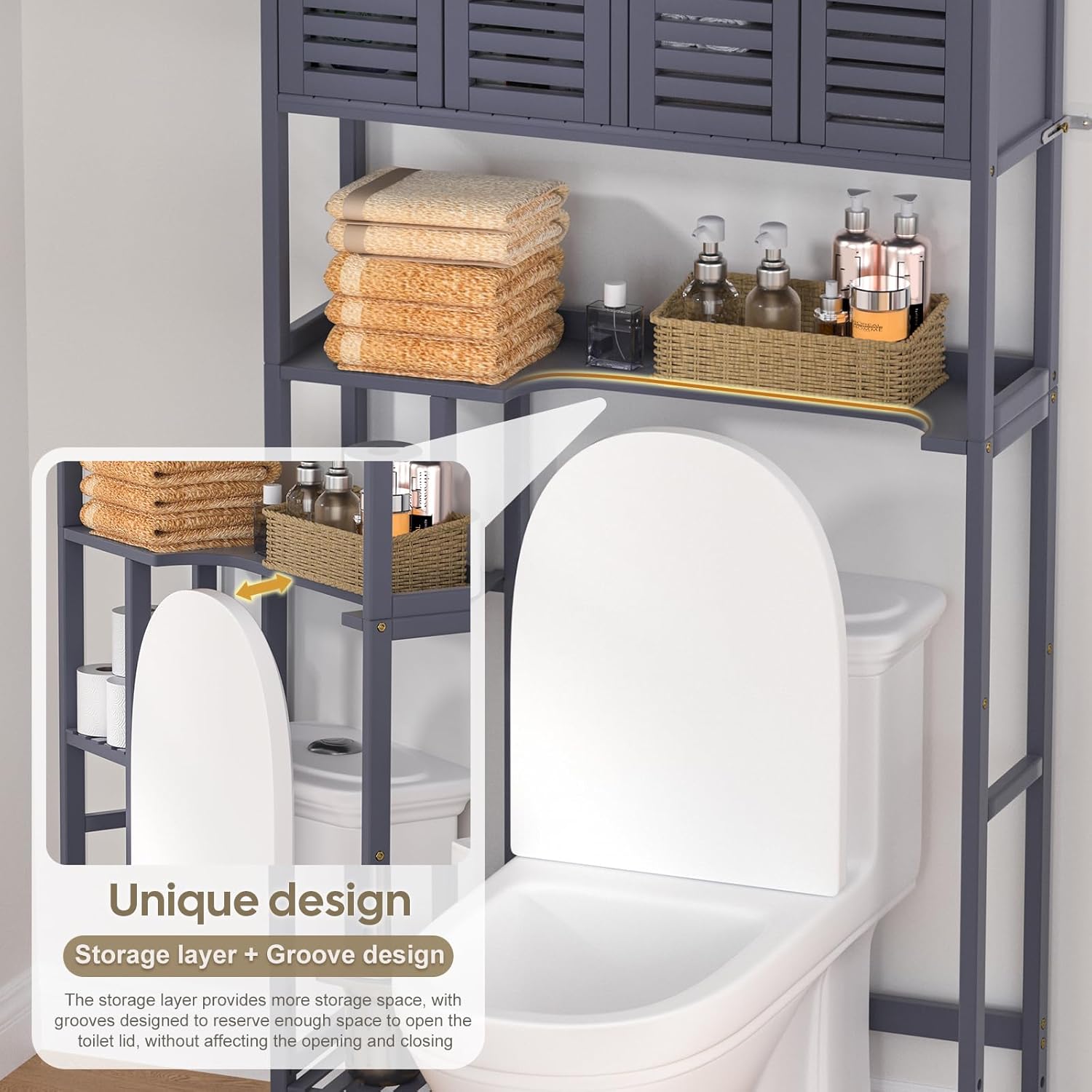 Over The Toilet Storage Cabinet with Paper Holder Stand,Bamboo Bathroom Organizer Shelf with Four Door and Waterproof Feet Pad,Space Saver Rack with Anti-Tip Design (Grey)
