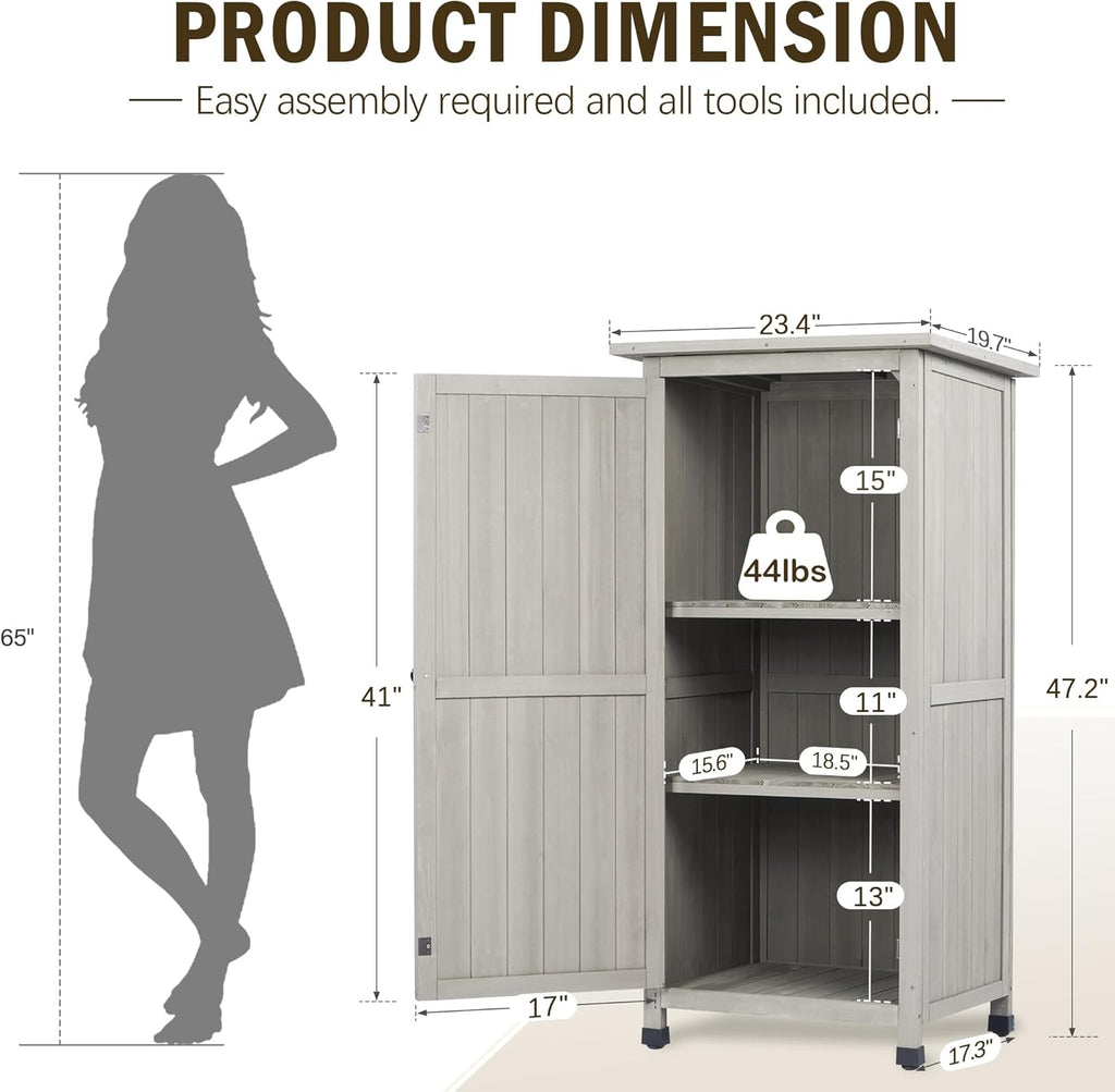 Wooden Outdoor Storage Cabinet, Vertical Garden Tool Shed with Waterproof Metal Roof & 2 Adjustable Shelves Ideal for Yard, Patio, Deck and Porch (Gray, 20" x 24" x 48")
