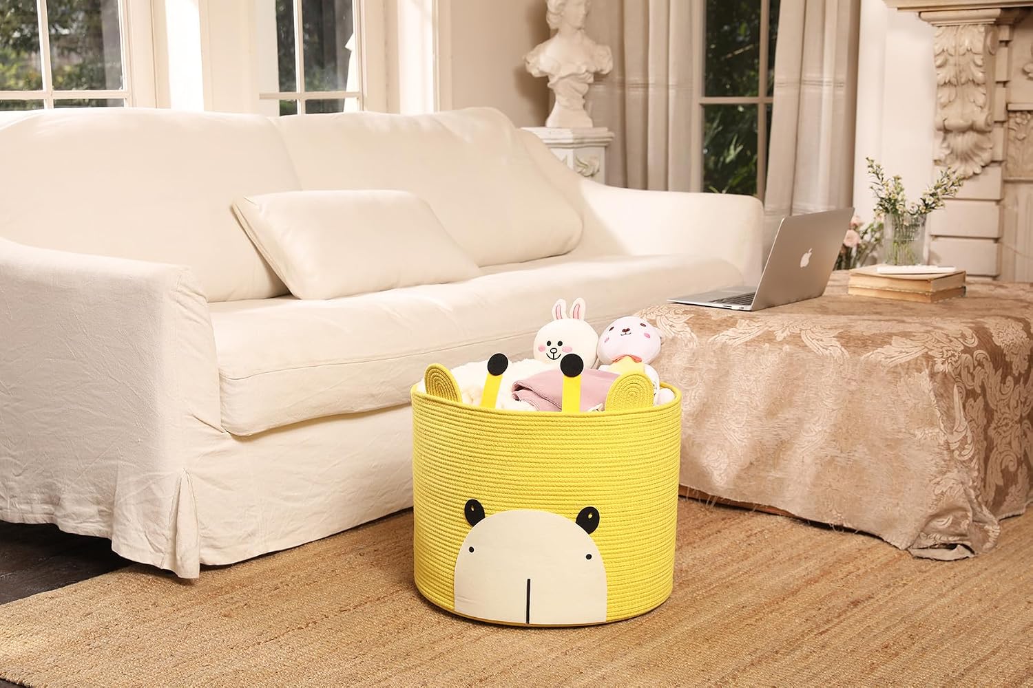 18x15 Inch Giraffe Basket, Open Cotton Rope Animal Storage Bin for Kids Bedroom Playroom, Cute Woven Laundry Basket, Yellow