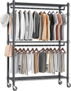 Homdox Rolling Garment Rack with Double Rod, Heavy Duty Clothing Rack with Shelves, Portable Clothes Rack, Free Standing Wardrobe Rack, with Lockable Wheels & Hanging Hooks, Max Load 450 LBS, Black