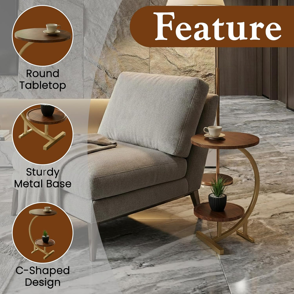 Kings Brand C-Shaped Side Table with 2-Tier Storage Shelf – Modern Round Wood...