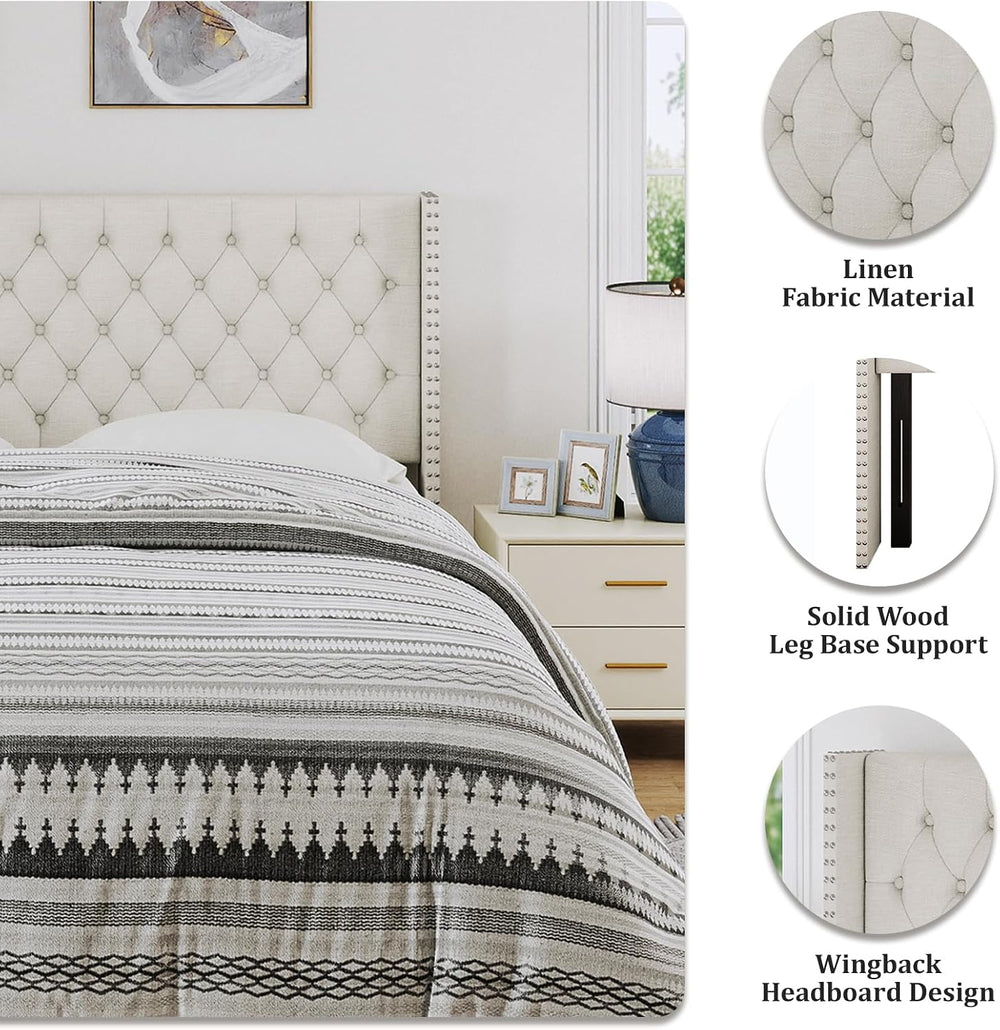 Furpopup Linen Queen Size Headboard Only, Wingback Wall Mount, Ivory