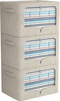 FHSQX 3 Pack Clothes Storage Bins - Foldable Metal Frame Storage Box - Stackable Linen Fabric Container Organizer Set with Carrying Handles and Clear Window (Beige, 19.7x15.7x13inch(66L))