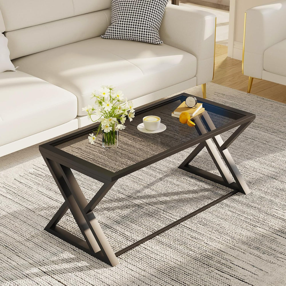 Wolawu Coffee Table Grey Glass Coffee Tables for Living Room, Center Table