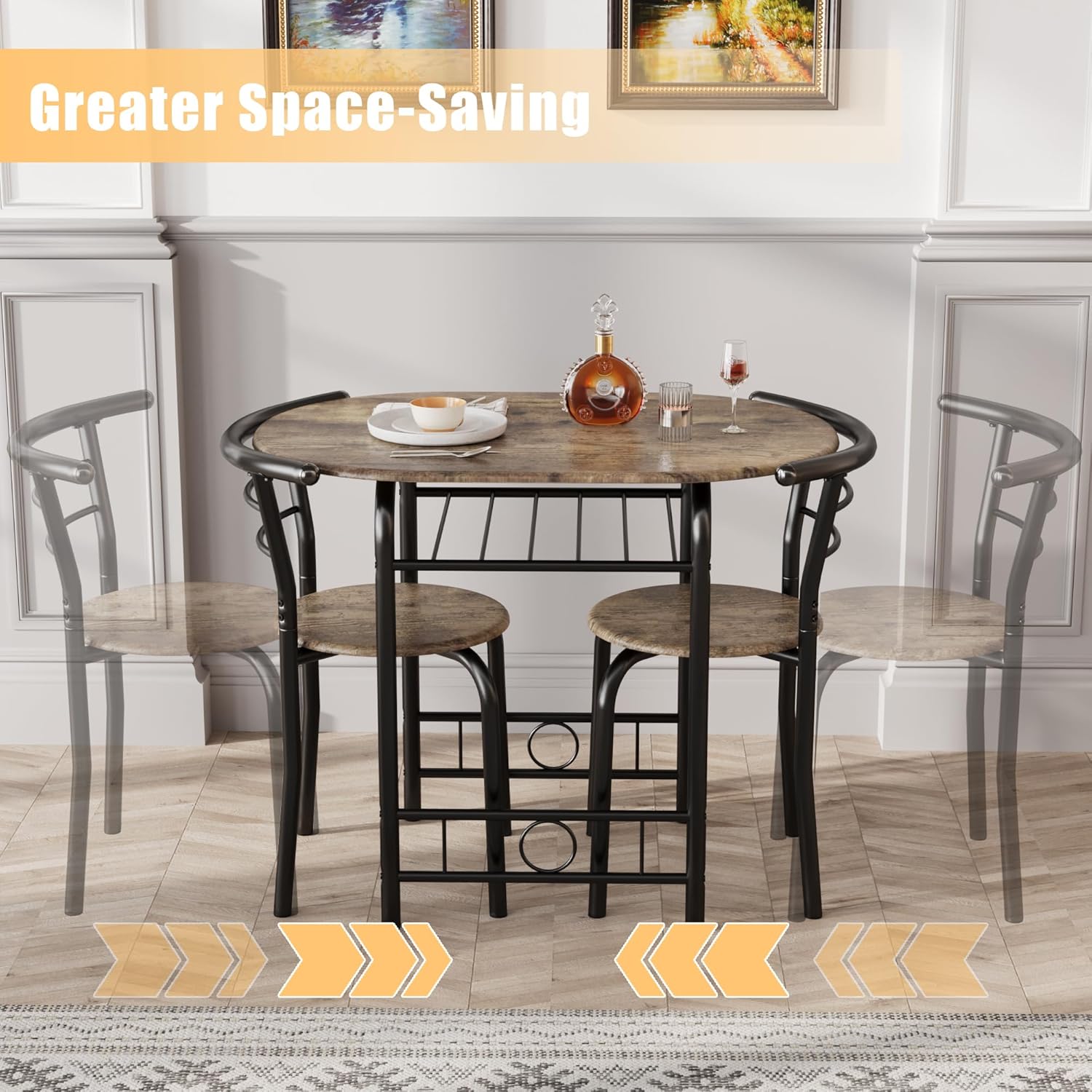 JUMMICO 3-Piece Wooden Round Table & Chair Set, Space Saving Kitchen Breakfast Nook Wood Grain Tabletop with Metal Frame and Built-in Wine Rack for Kitchen, Dining Room (Walnut/Black)