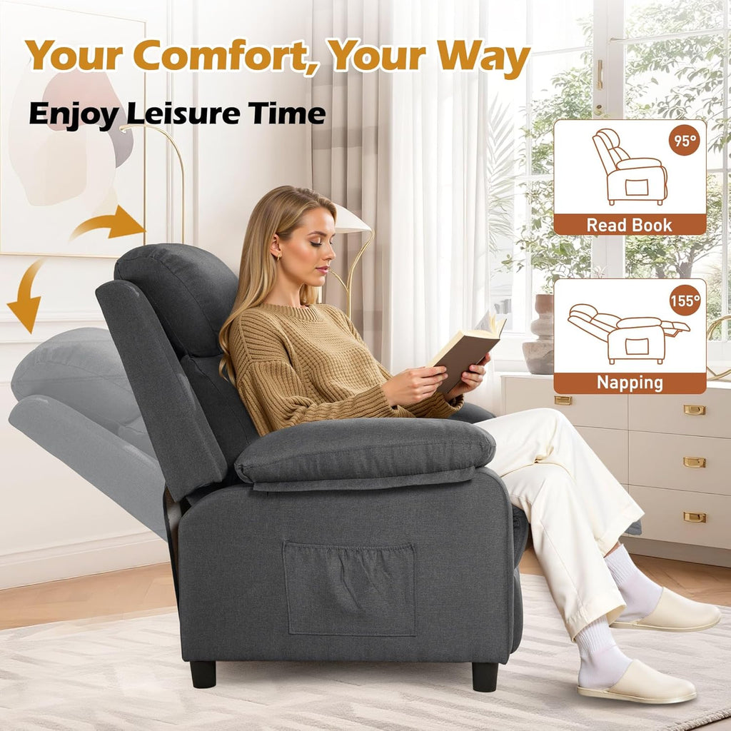 Korser Recliner Chair, Living Room Chairs for Adults, Padded Deep Seat Reading Chair with Side Pockets, Small Recliners for Small Spaces, Lounge Chair for Living Room, Bedroom, and RV (Linen)