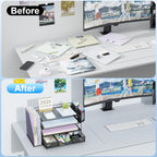 gianotter Desk Organizers and Accessories with File Holder, 4-Tier Desk Accessories & Workspace Organizers with Drawer and 2 Pen Holder, Paper Organizer for Office Supplies (Black)