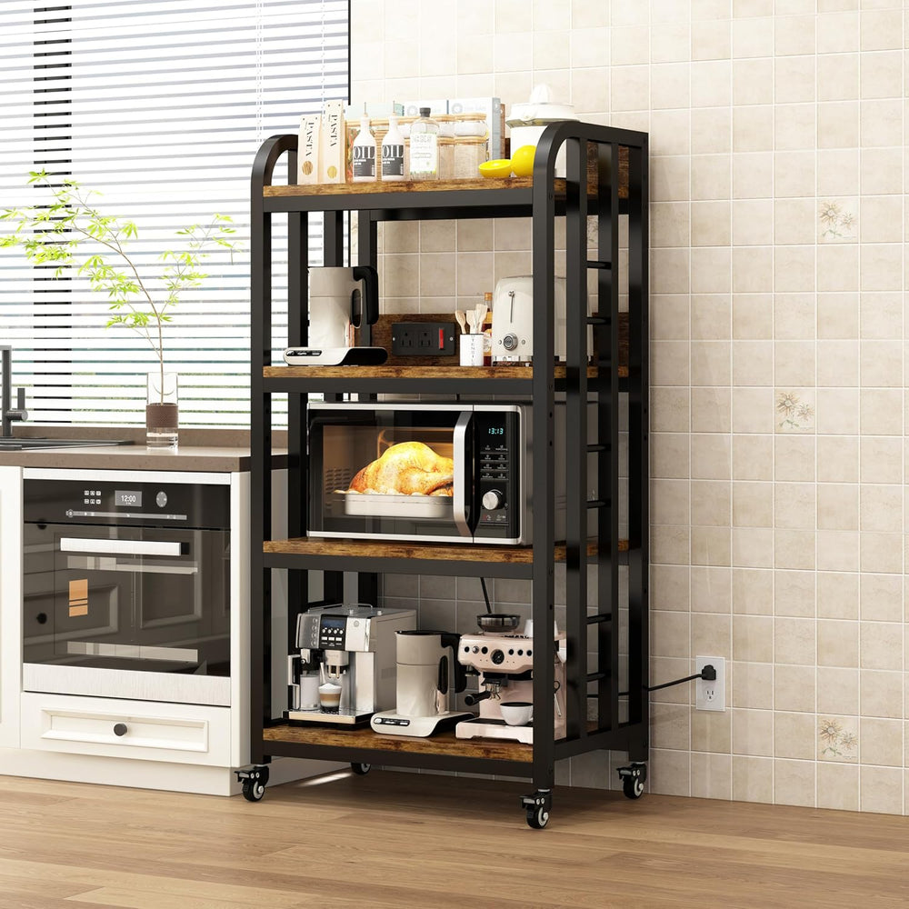 4-Tier Kitchen Bakers Rack with Power Outlet and Rolling Wheels, Microwave St...