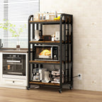 4-Tier Kitchen Bakers Rack with Power Outlet and Rolling Wheels, Microwave Stand with Storage, Adjustable Kitchen Shelves Freestadning, Coffee Bar Station, Bakers Rack for Spices, Pots and Pans, Brown