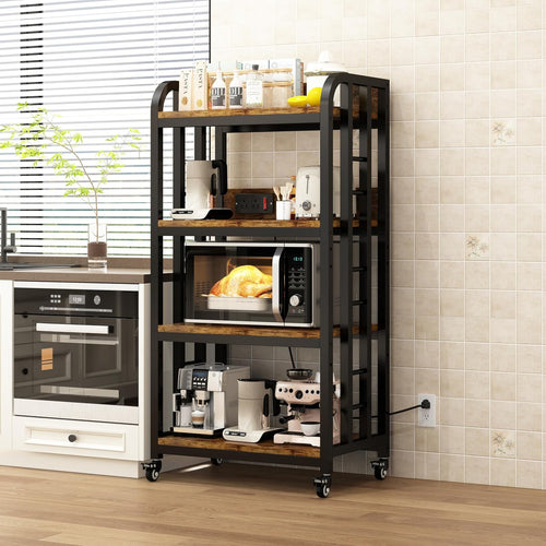 4-Tier Kitchen Bakers Rack with Power Outlet and Rolling Wheels, Microwave Stand with Storage, Adjustable Kitchen Shelves Freestadning, Coffee Bar Station, Bakers Rack for Spices, Pots and Pans, Brown