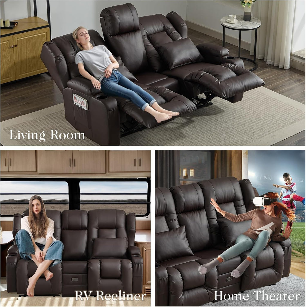 Loveseat Recliner Sofa,RV Wall Hugger Recliners with Flip-up Console,Reclining Loveseat Sofa Recliner with Cup Holders/Lumbar Pillows for Small Spaces,RV Furniture (PU Brown, 68" 2-Seater)