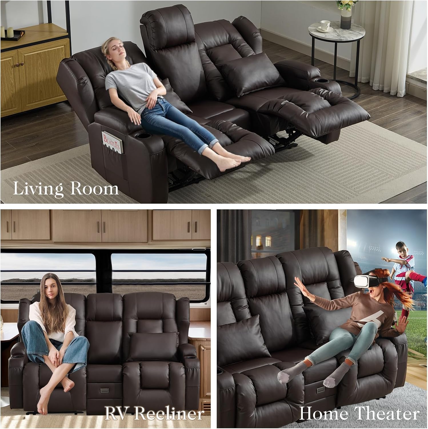Loveseat Recliner Sofa,RV Wall Hugger Recliners with Flip-up Console,Reclining Loveseat Sofa Recliner with Cup Holders/Lumbar Pillows for Small Spaces,RV Furniture (PU Brown, 68" 2-Seater)