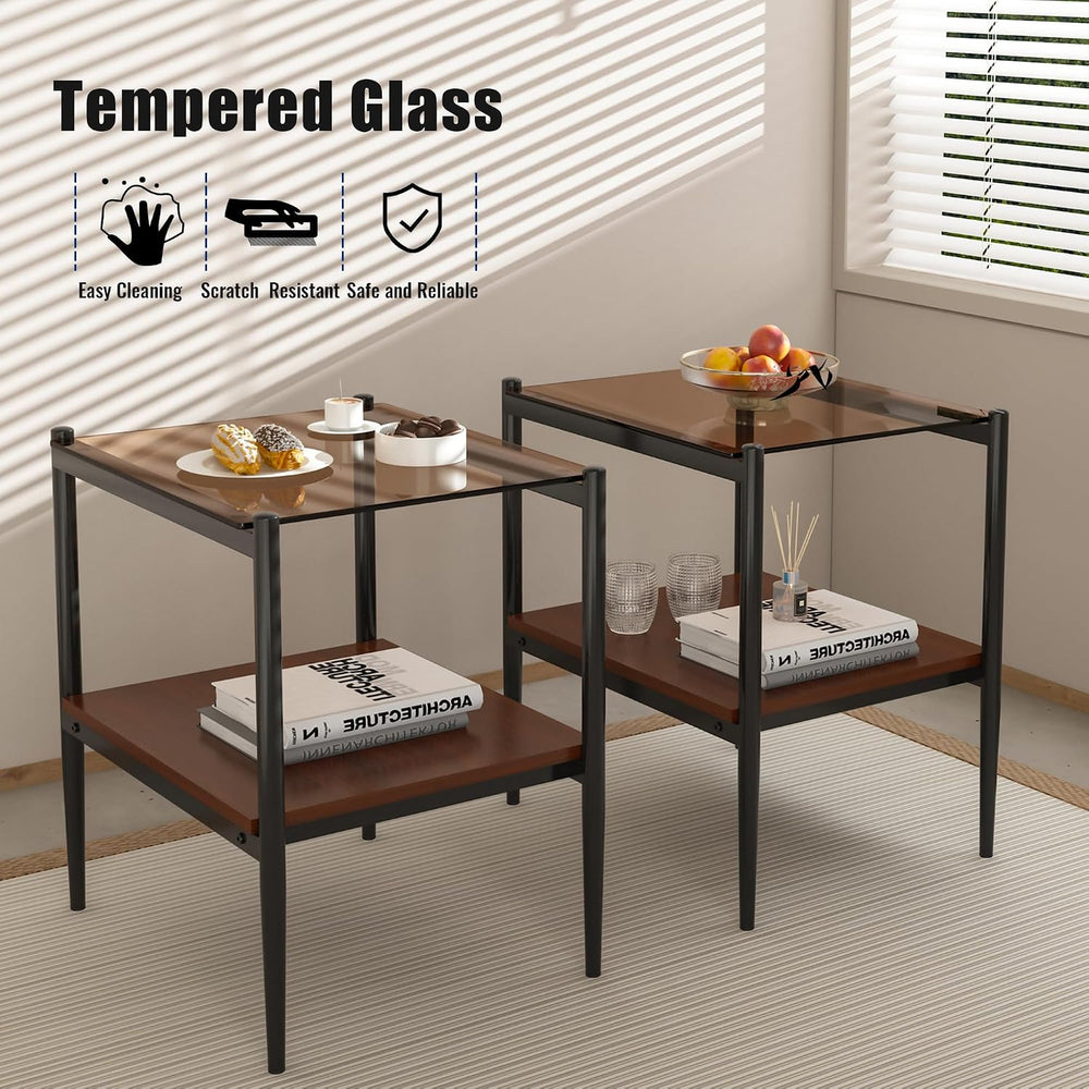 Glass End Table Set of 2, Rectangle Living Room Sofa Side Table, with BrownTe...