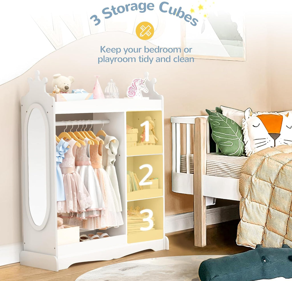 Curipeer Kids Dress up Storage with Mirror, Kids Wardrobe with 3 Hooks, Kids Closet for Girls Boys, Open Hanging Armoire Costume Organizer for Bedroom, Preschool, Classroom, White