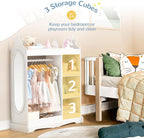 Curipeer Kids Dress up Storage with Mirror, Kids Wardrobe with 3 Hooks, Kids Closet for Girls Boys, Open Hanging Armoire Costume Organizer for Bedroom, Preschool, Classroom, White