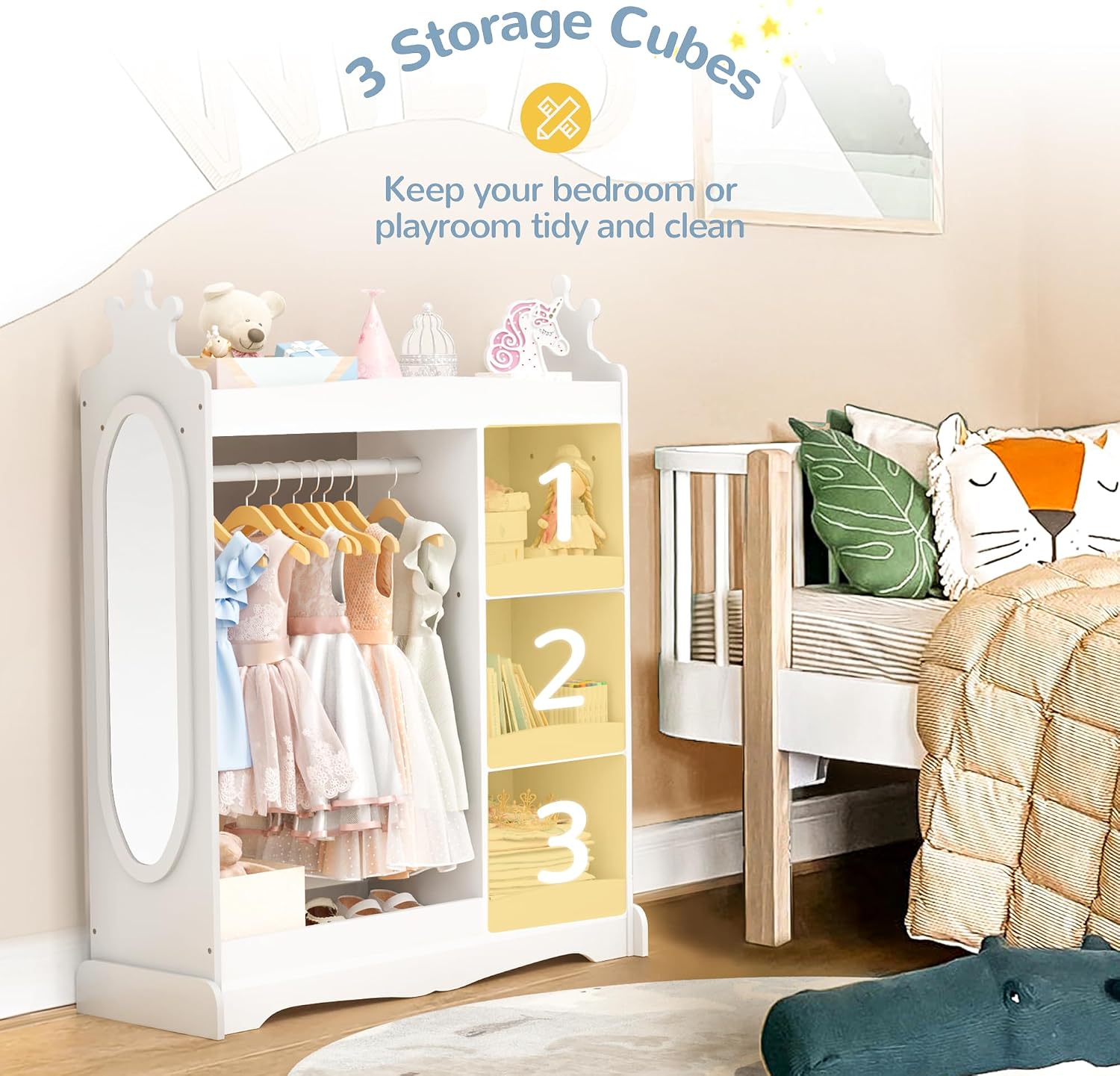Curipeer Kids Dress up Storage with Mirror, Kids Wardrobe with 3 Hooks, Kids Closet for Girls Boys, Open Hanging Armoire Costume Organizer for Bedroom, Preschool, Classroom, White