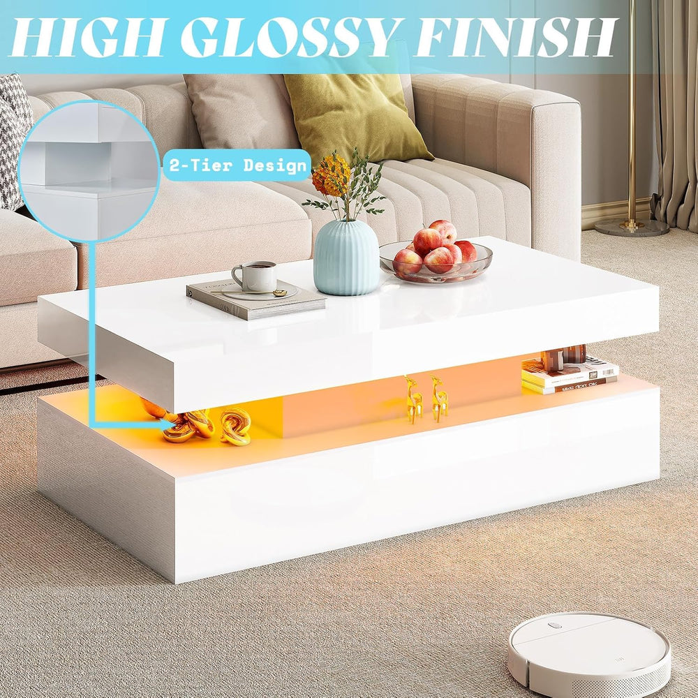 AMERLIFE 3-Piece High Gloss Coffee Table Set with LED Lights | Bedside Nights...