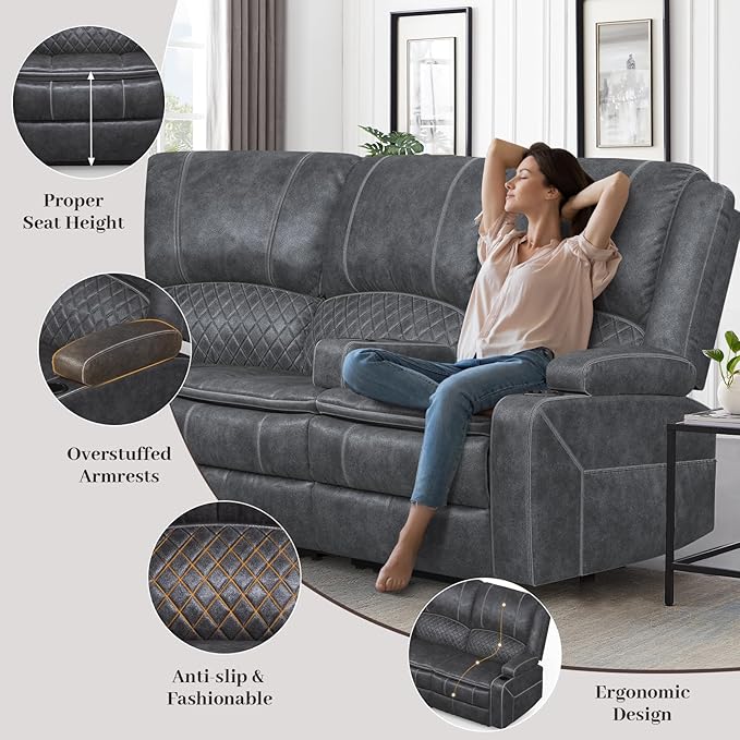 Manual Reclining Sectional Sofa Set, 5 Seats Soft Dutch Velvet Recliner Corner Sectional Couch, Family-Sized L-Shaped Recliner Couch with USB Charging, Thickened Padding, Sturdy Frame, Grey