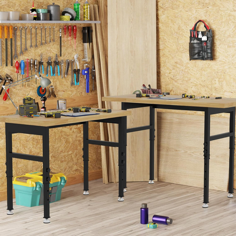48'' Adjustable Workbench, Solid Wood Work Bench Table, Metal Tool Be...