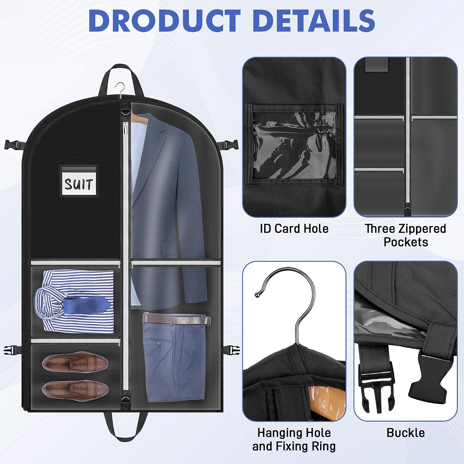 Garment Bags for Hanging Clothes, Dance Costume Garment Bag with Pockets, Waterproof Hanging Clothes Bag, Foldable Dustproof Dance Travel Bag for Suit Dance Costume (110×60cm,Black)