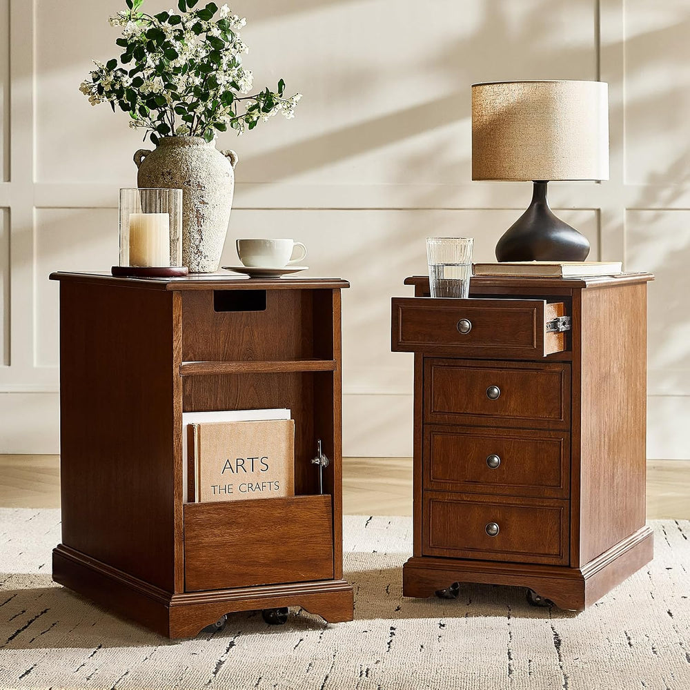25" Tall Traditional End Table with Rolling Casters & Charging Stati...