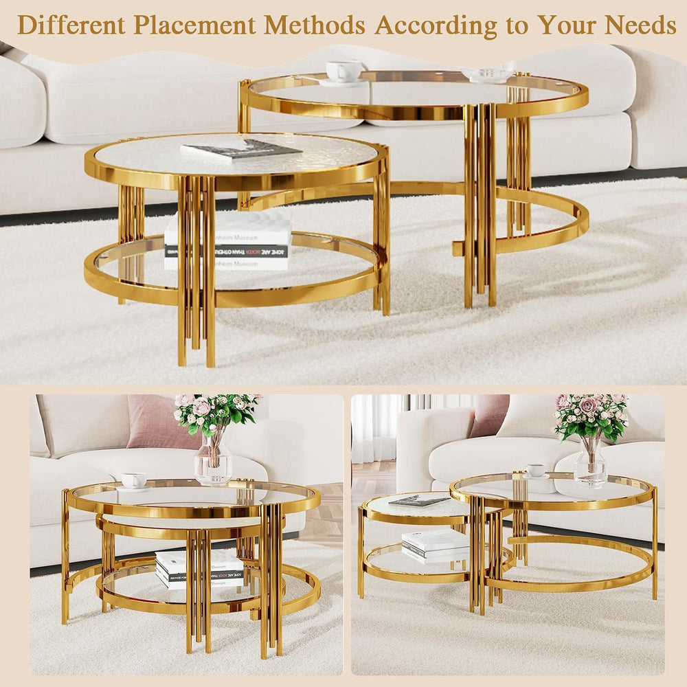32.75" Round Glass Coffee Table Set of 2, 2-Tier Luxury Nesting Coffee T...