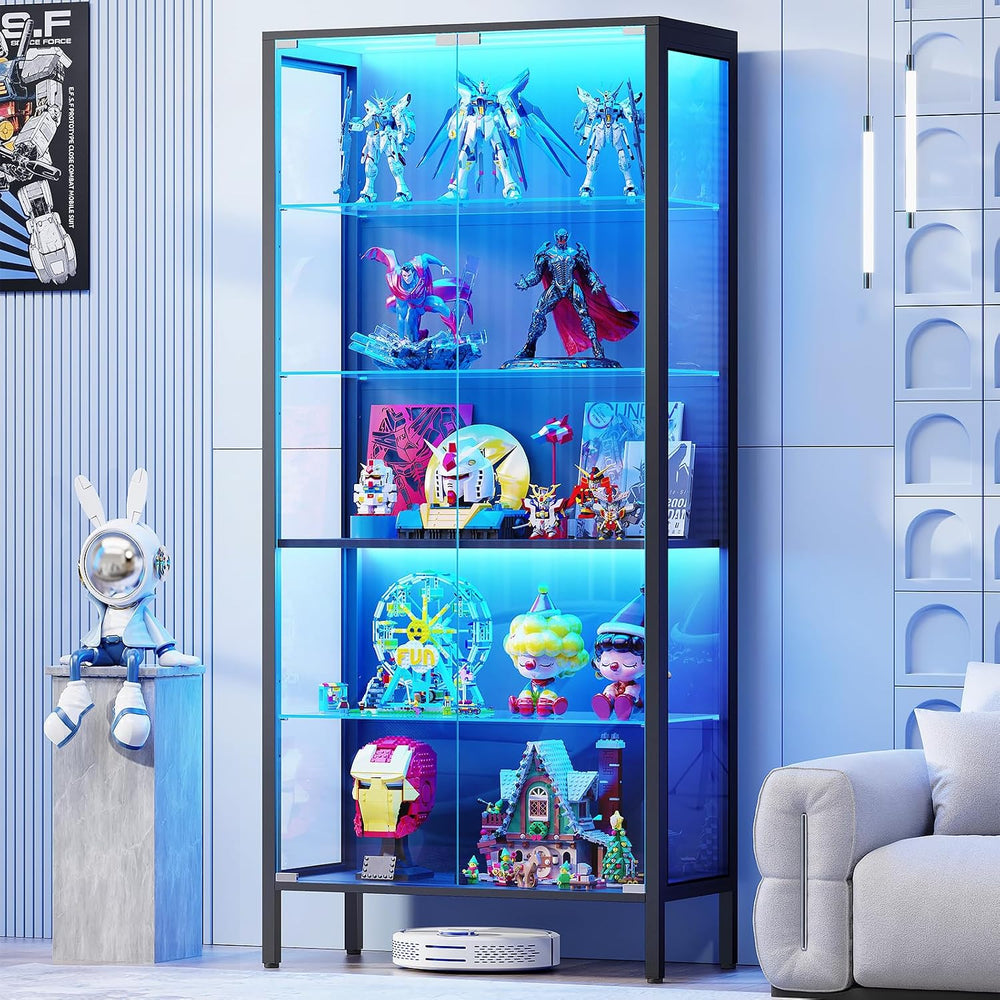 Glass Display Cabinet, 5-Tier Display Case with Adjustable Glass Shelves, Met...