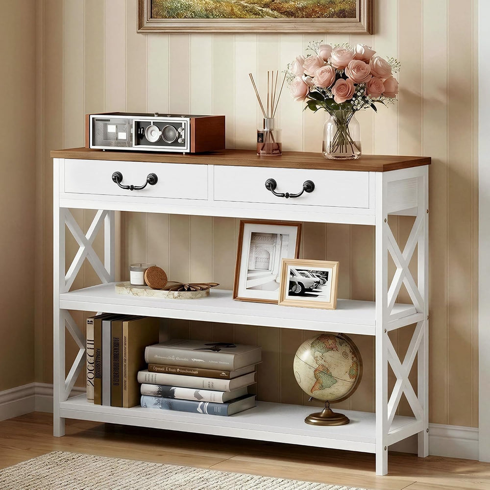 IRONCK 39.4" Farmhouse Console Table with Storage, White/Walnut | Narrow...