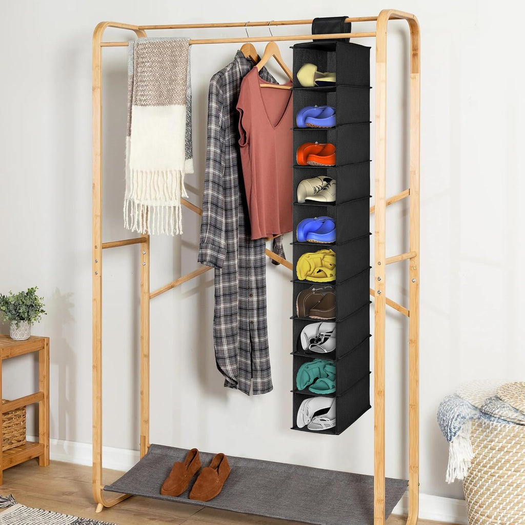 Libeder 10-Shelf Hanging Closet Shoe Organizers and Storage, Black | Hanging Closet Organizer for Wardrode,Dorm, Folding Shoe Racks Hanger, Space Saving Hanging Shelves