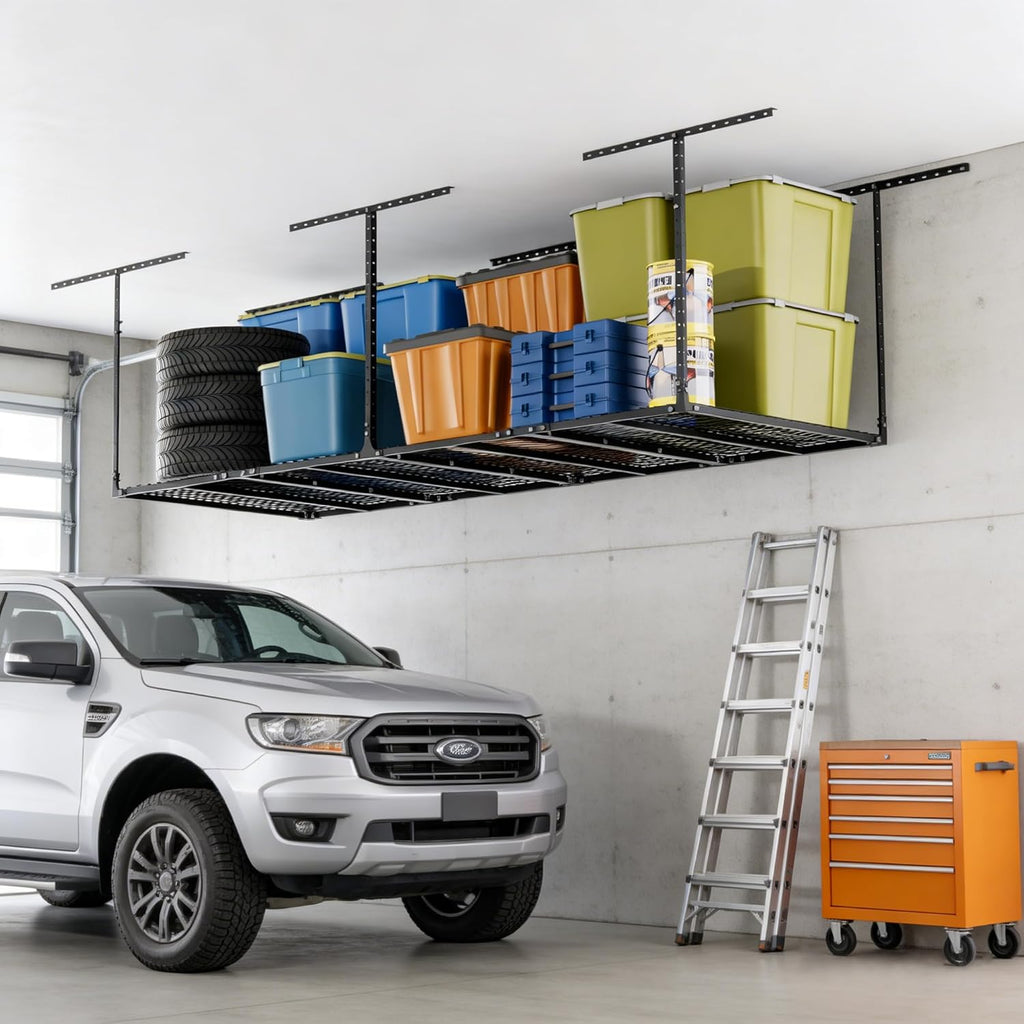 YOHKOH 3x8 Ft Overhead Garage Storage Rack, Ceiling Storage & Hanging Rack for Garage, Adjustable Heavy-Duty Metal, 600lbs, Black