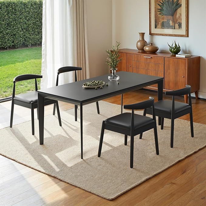 Farini Mid Century Modern Dining Chairs Set of 4, Solid Wood Frame Kitchen Chairs with PU Leather Upholstered Seat for Dining Room & Breakfast Nook,Black-Black