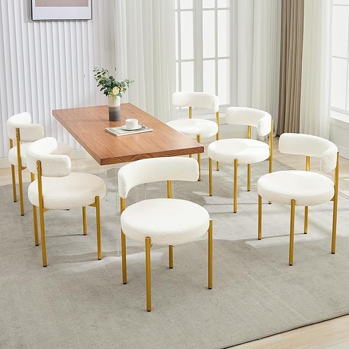 Boucle Dining Chairs Set of 6, Mid Century Modern Dining Room Chairs with Barrel Backrest, Upholstered White Kitchen Chairs for Dining Room, Restaurant, Gold Metal Frame