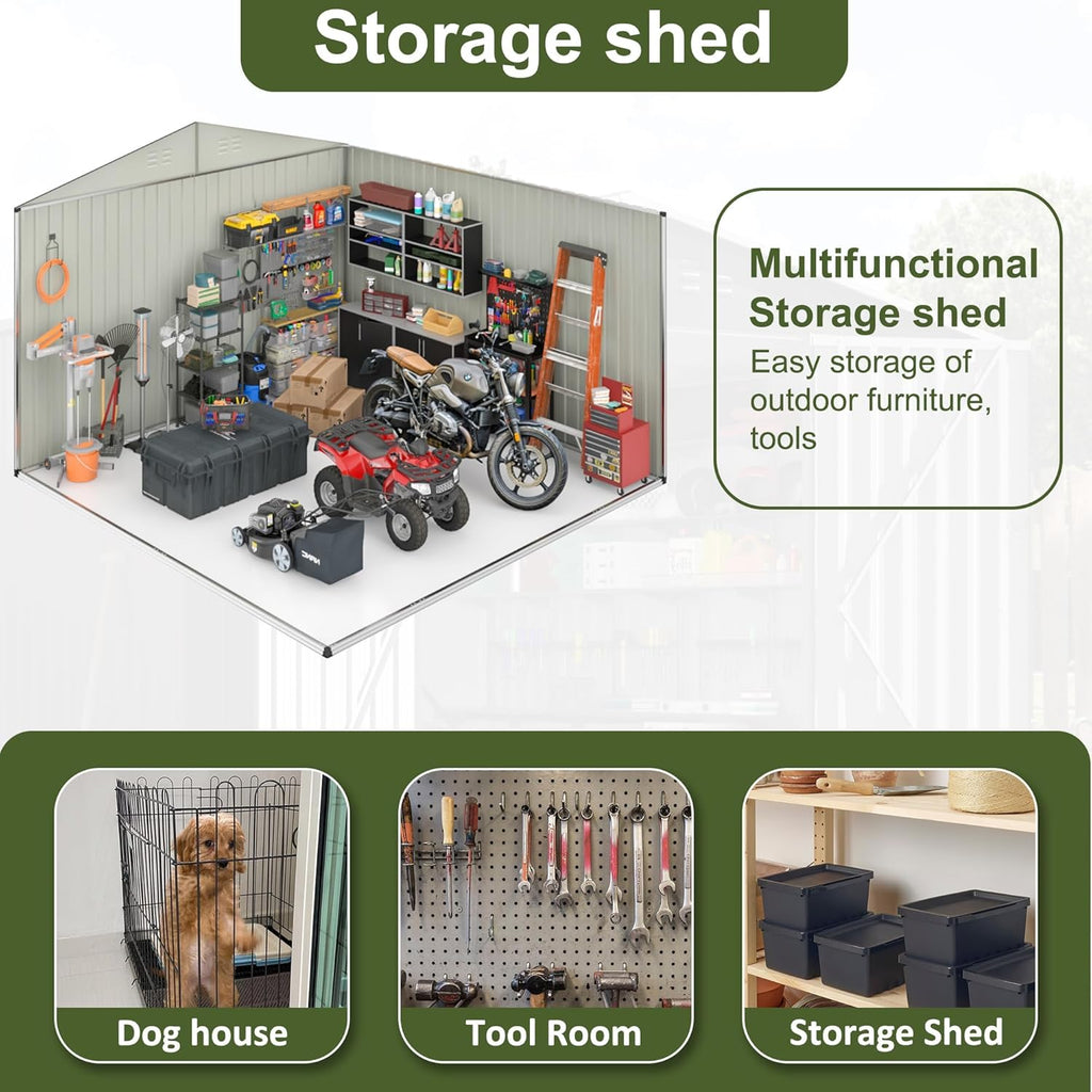10x14 FT Outdoor Storage Shed, Large Garden Shed with Updated Frame Structure and Lockable Doors, Metal Tool Sheds for Backyard Garden Patio Lawn, Brown