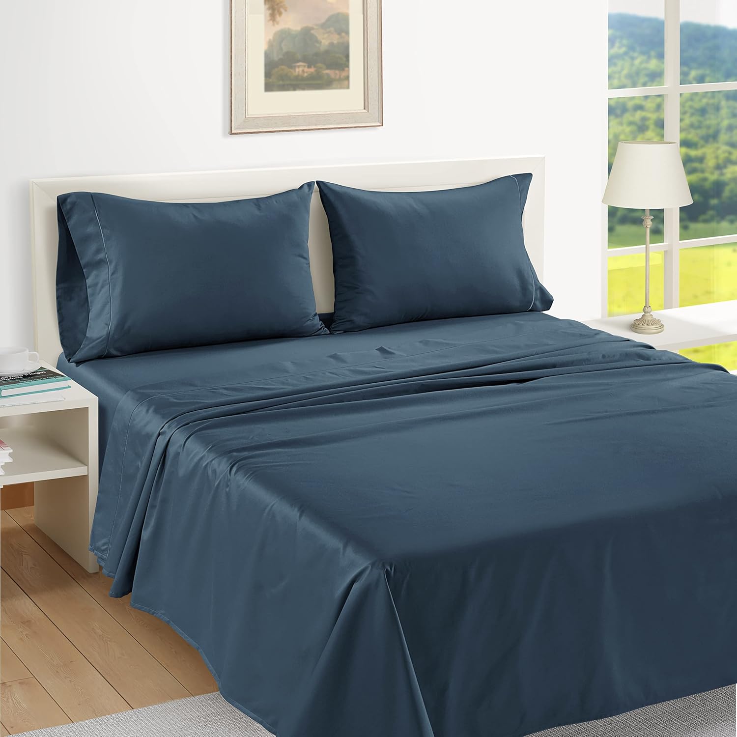 LANE LINEN Pillow Case Covers King Set of 2 100% Egyptian Cotton Sateen Soft Cool & Smooth 1000 Thread Count Cases - Denim