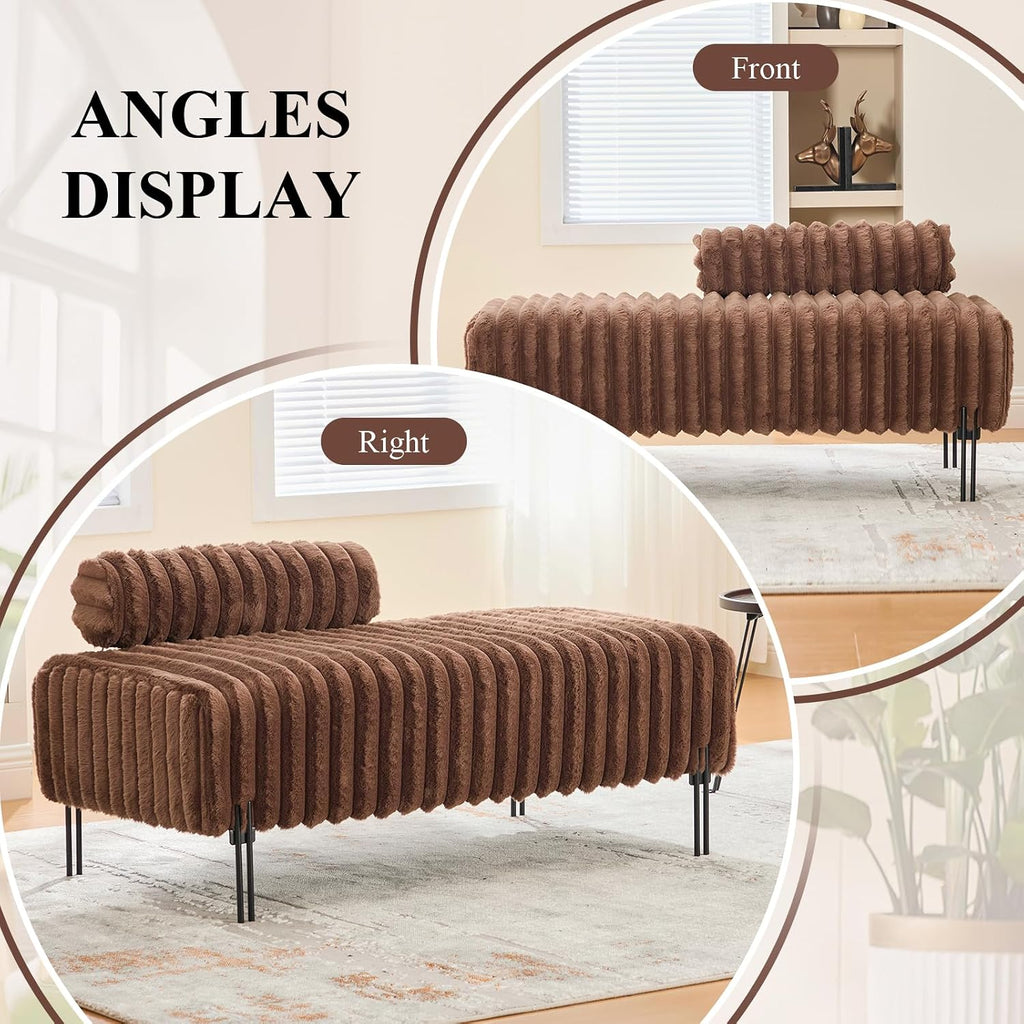 Ottoman Bench, Loveseat Sofa Couch with Adjustable Backrest | 49.6" Accent Sofa, Faux Fur Upholstered, Metal Legs, 300LBS Weight Capacity, End of Bed Bench for Bedroom, Brown-Faux Fur