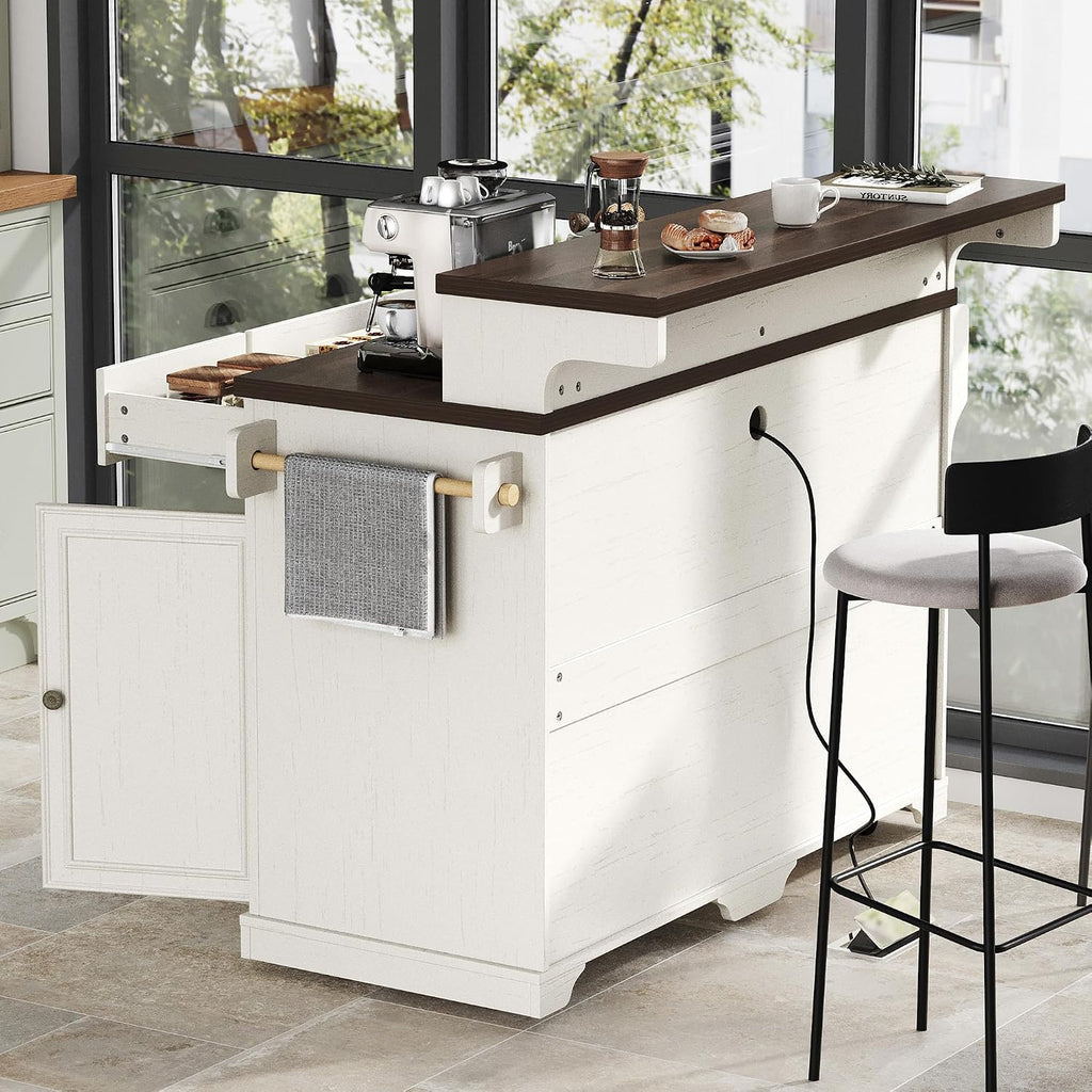 53.2" Two-Tier Kitchen Island with Power Outlet, Rustic White | Rolling Bar Cabinet with Storage, 4 Door Shelves, Adjustable Shelves, 3 Drawers for Kitchen