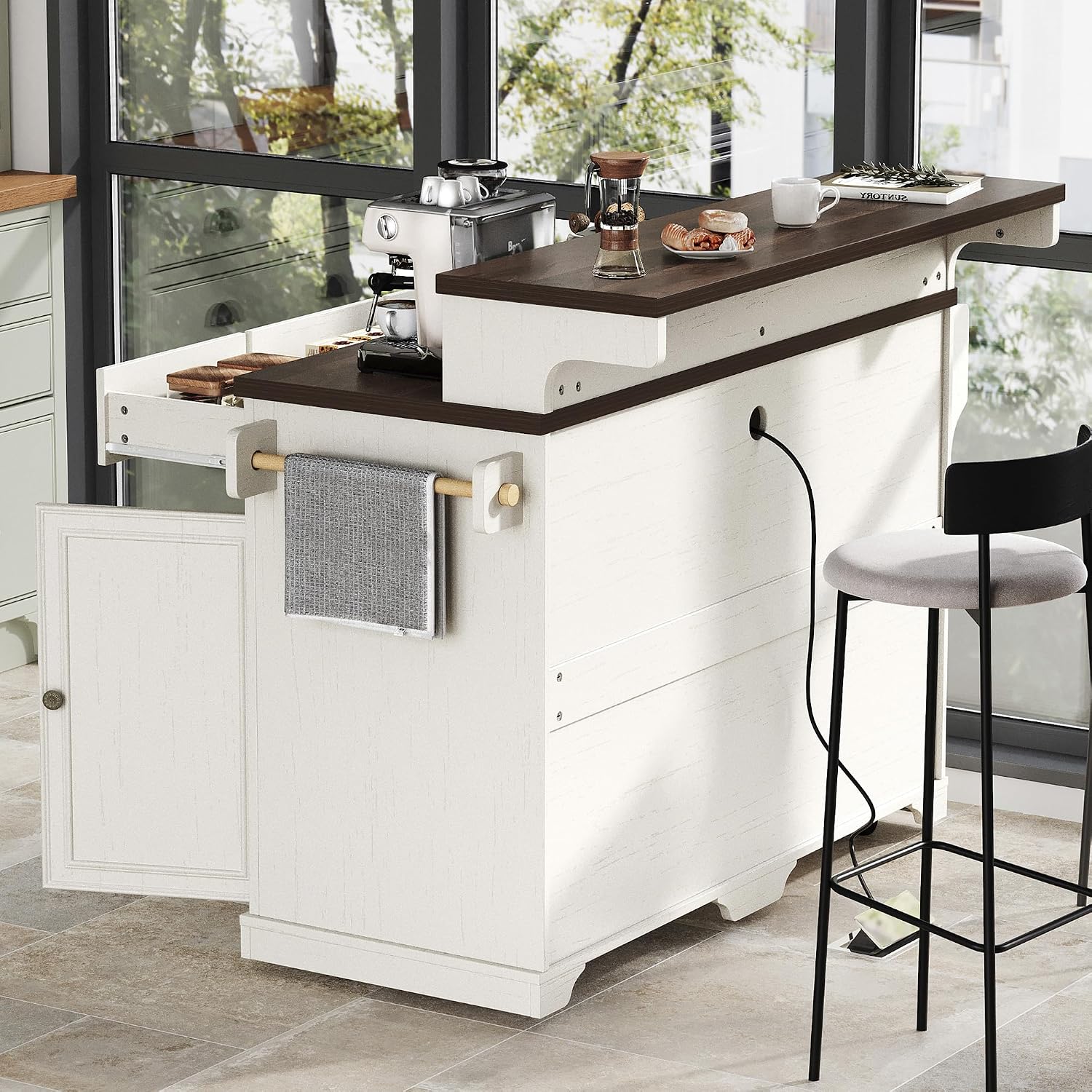 53.2" Two-Tier Kitchen Island with Power Outlet, Rustic White | Rolling Bar Cabinet with Storage, 4 Door Shelves, Adjustable Shelves, 3 Drawers for Kitchen