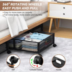 PHINOX Under Bed Storage with wheels, Under the Bed Storage Containers,Upgrade Crossed Iron Wire, Metal Rolling Underbed Storage Containers for Bedroom Clothes Shoes Blankets-2 Pack,Black
