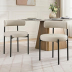 Faux Leather Dining Chairs Set of 4, Upholstered Kitchen and Dining Room Chairs, Mid-Century Modern Dining Chairs with Round Back and Black Metal Legs, Vegan Leather, Beige Grey
