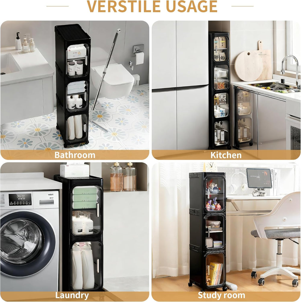 4-Tier Tall Narrow Slim Bathroom Storage Cabinet, Black | Tool Free Assembly,...