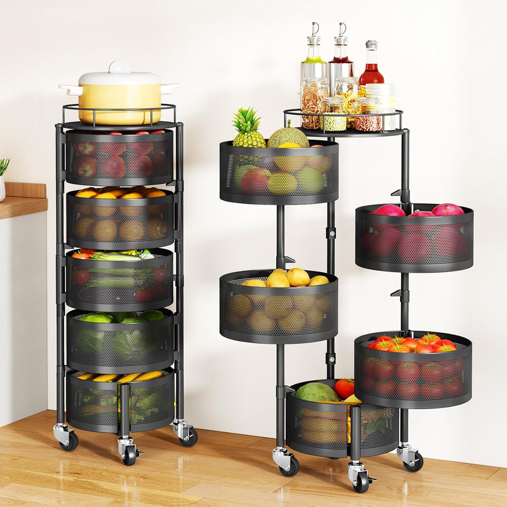 SAYZH 5 Tier Fruit Vegetable Basket Stand for Kitchen, Rotating, Black | Roll...