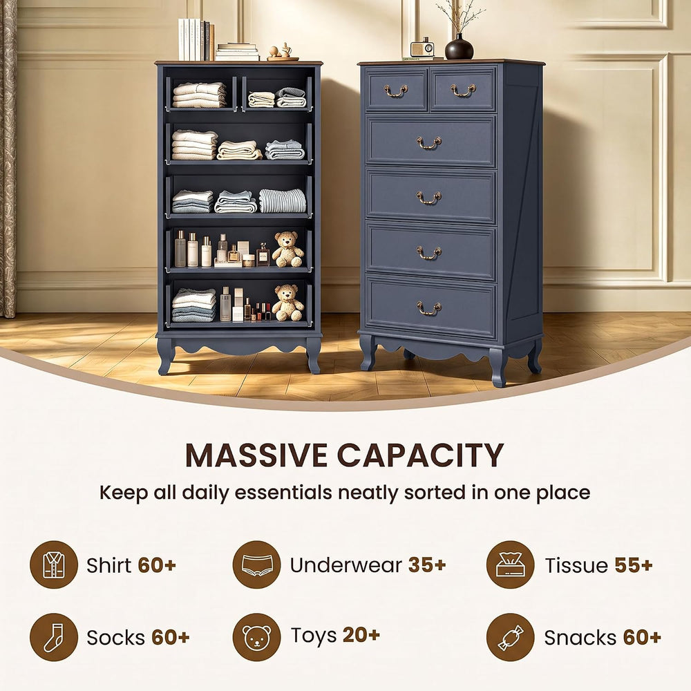 Farmhouse 6 Drawer Dresser, Tall Chest of Drawers Wood Storage Cabinet