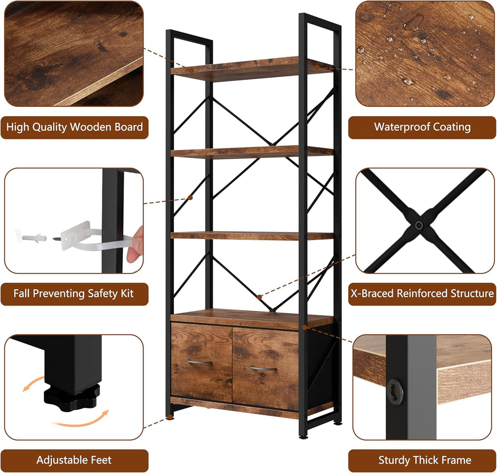 Shintenchi 5 Tier Bookshelf with Drawers, Display Standing Shelf Units, Wood ...