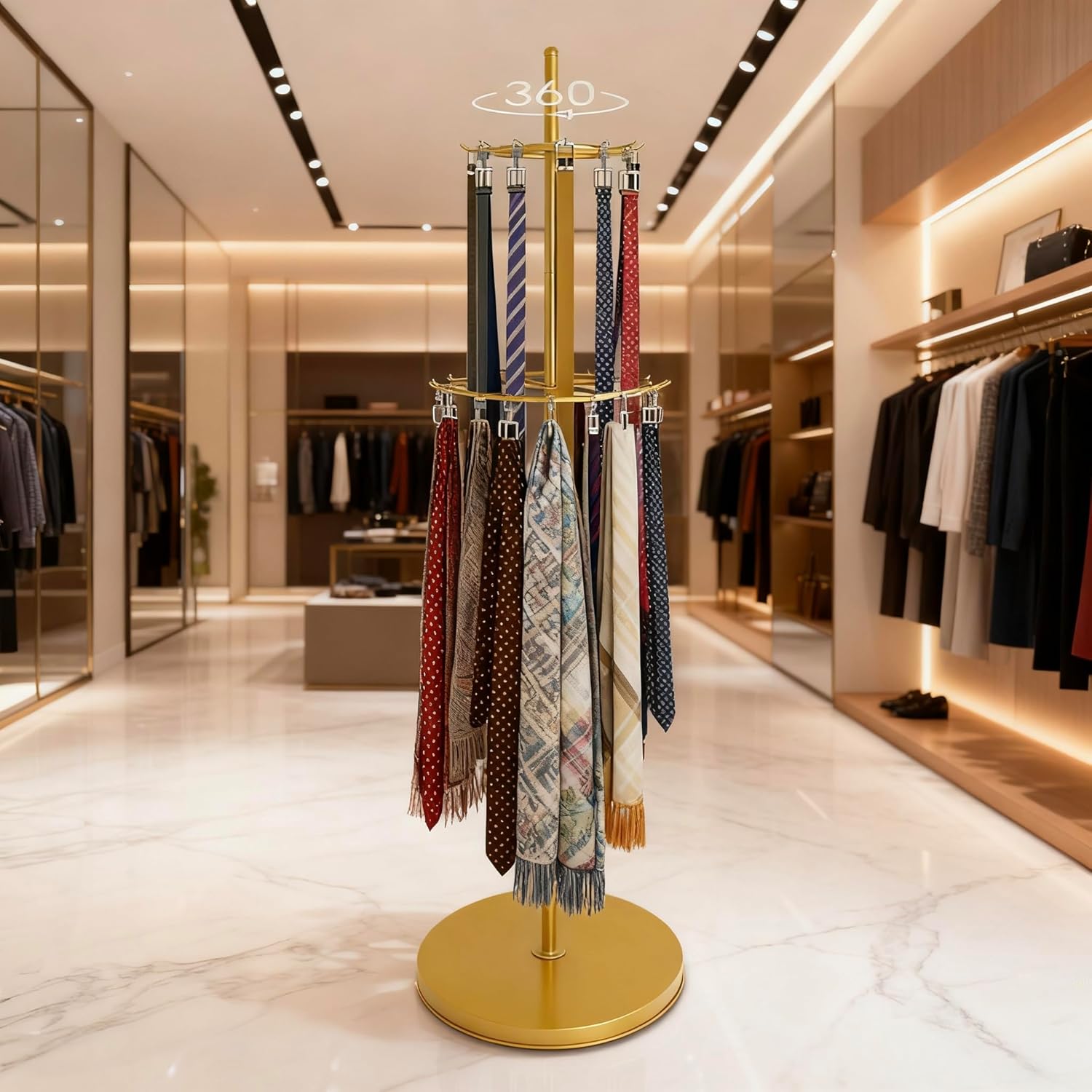 Gold Belt Display Scarf &Ties Rack Stand, 360° Rotation Floor Mounted Belt Hanger, Metal Men Closet Belt Organizer Holder Jewelry Necklaces Purse Hanger Shelf for Clothing Store Retail & Home