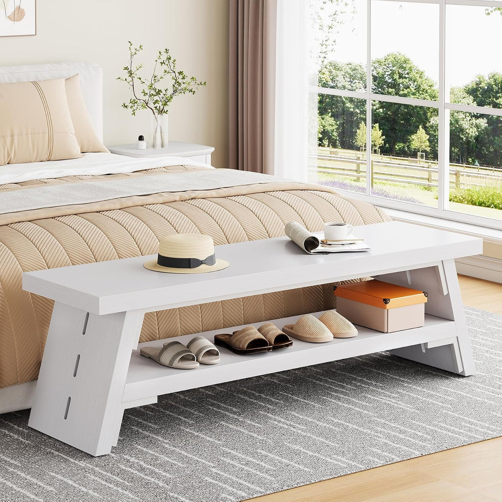 47 in Long Entryway Bench with Shoe Storage, White | 2-Tier Wood Entry Bench for Hallway, Front Door, Bedroom, Living Room, Closet, Mudroom, Modern Farmhouse Style
