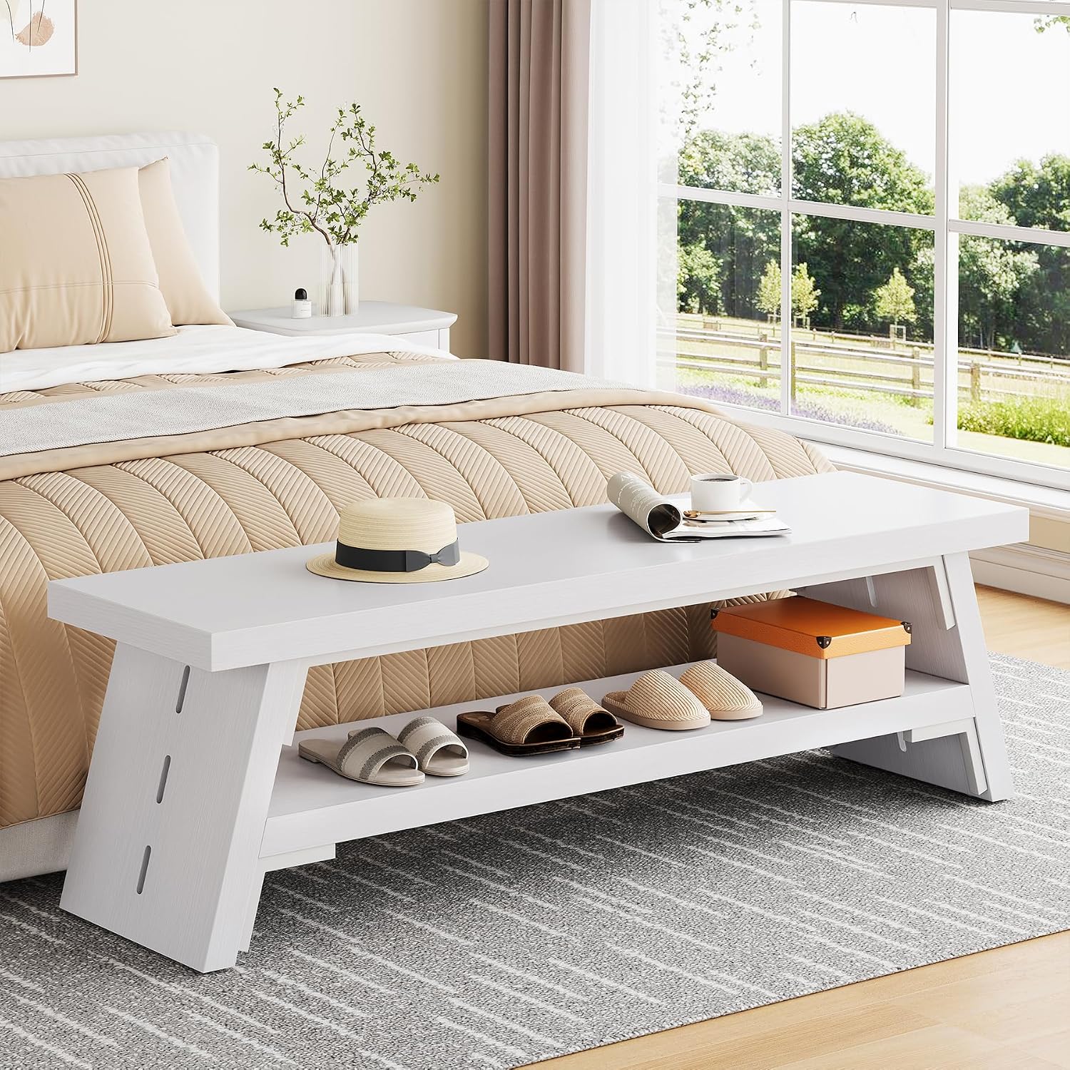 47 in Long Entryway Bench with Shoe Storage, White | 2-Tier Wood Entry Bench for Hallway, Front Door, Bedroom, Living Room, Closet, Mudroom, Modern Farmhouse Style