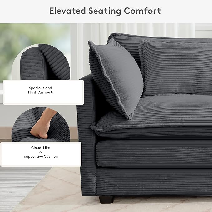 ROWHY 113'' Modular Sectional Cloud Corner Couch, 5 Seater L Shape Sofa Big Comfy Corduroy Oversized Couch with 2 Pillows Movable Ottoman, Deep Seat Sectional Couches for Living Room Office Dark Grey