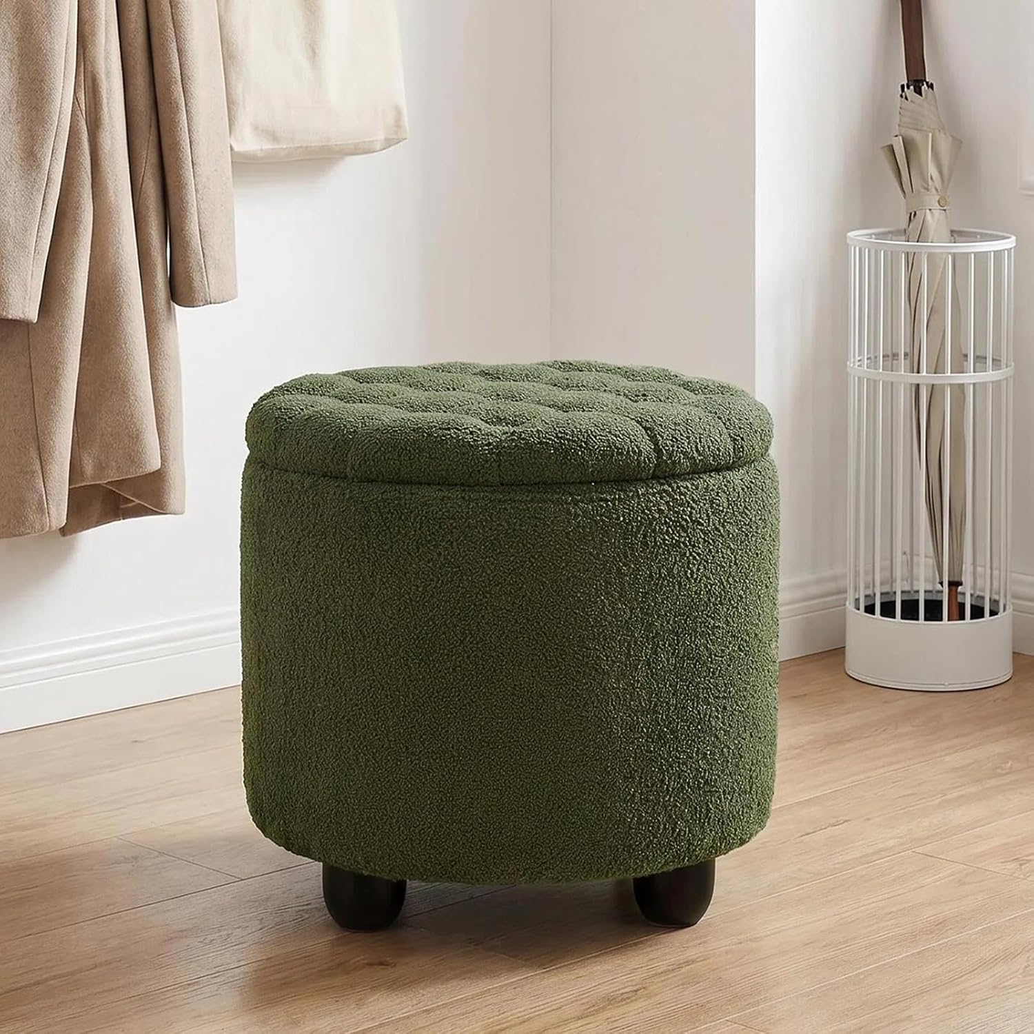 Furniliving Modern Round Storage Ottoman, Upholstered Button Tufted Ottoman Footstool Ottomans with Removable Lid Storage Footstool for Living Room, Bedroom, Makeup Room, Teddy, Green